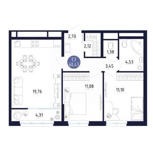 2-к квартира, строящийся дом, 60м2, 13/25 этаж