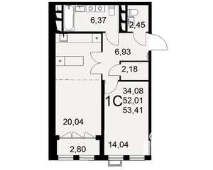 1-к квартира, вторичка, 53м2, 2/16 этаж