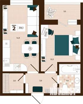 2-к квартира, строящийся дом, 39м2, 4/14 этаж