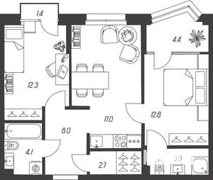 2-к квартира, строящийся дом, 64м2, 4/24 этаж