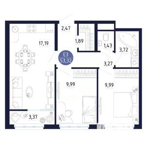 2-к квартира, строящийся дом, 53м2, 15/25 этаж