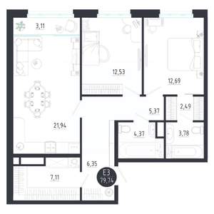 2-к квартира, строящийся дом, 80м2, 3/8 этаж