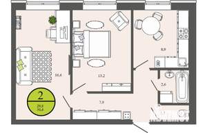 2-к квартира, вторичка, 50м2, 1/3 этаж