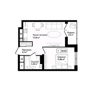 1-к квартира, строящийся дом, 43м2, 25/25 этаж