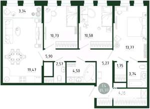 3-к квартира, строящийся дом, 86м2, 6/25 этаж