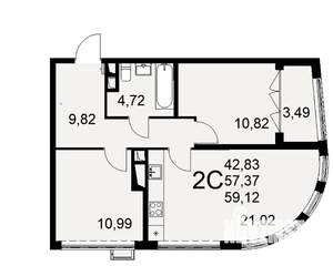 2-к квартира, вторичка, 59м2, 3/16 этаж