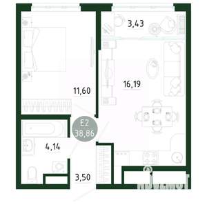 1-к квартира, строящийся дом, 39м2, 22/25 этаж