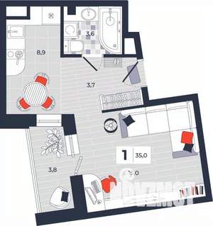 1-к квартира, строящийся дом, 35м2, 13/14 этаж
