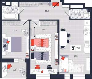 3-к квартира, строящийся дом, 75м2, 9/14 этаж