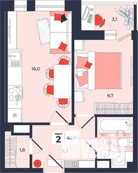 2-к квартира, строящийся дом, 41м2, 14/14 этаж