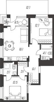 3-к квартира, строящийся дом, 73м2, 1/24 этаж