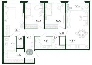 3-к квартира, строящийся дом, 86м2, 24/25 этаж