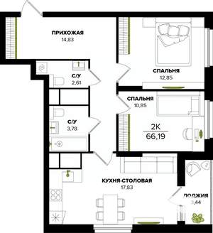 3-к квартира, строящийся дом, 66м2, 20/25 этаж