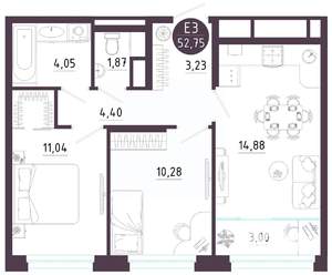 2-к квартира, вторичка, 53м2, 9/10 этаж