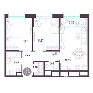 2-к квартира, строящийся дом, 59м2, 10/10 этаж