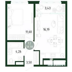 1-к квартира, строящийся дом, 39м2, 15/25 этаж