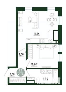 1-к квартира, строящийся дом, 42м2, 1/25 этаж