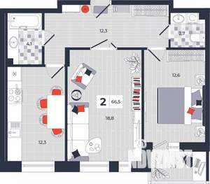 2-к квартира, строящийся дом, 67м2, 2/14 этаж