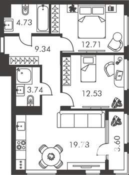 2-к квартира, вторичка, 66м2, 9/9 этаж