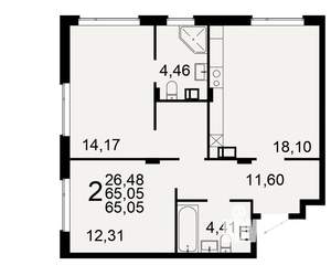 2-к квартира, строящийся дом, 65м2, 1/9 этаж
