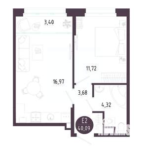 1-к квартира, строящийся дом, 40м2, 2/10 этаж
