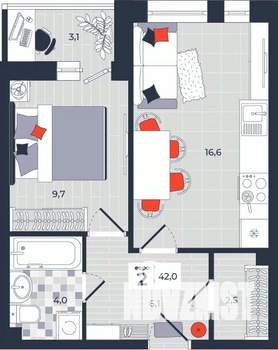 2-к квартира, строящийся дом, 42м2, 2/14 этаж