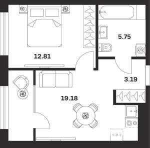 1-к квартира, строящийся дом, 41м2, 1/25 этаж