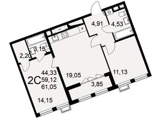 2-к квартира, строящийся дом, 61м2, 16/16 этаж