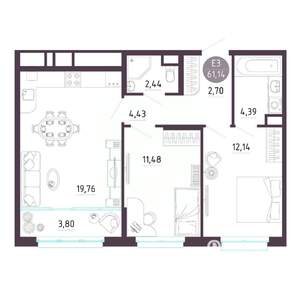 2-к квартира, строящийся дом, 61м2, 5/10 этаж