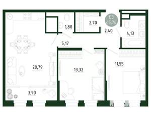 2-к квартира, строящийся дом, 66м2, 24/25 этаж