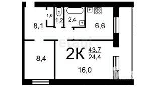 2-к квартира, вторичка, 43м2, 7/12 этаж