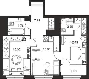 2-к квартира, вторичка, 60м2, 13/25 этаж
