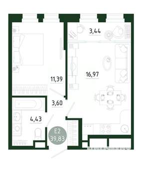 1-к квартира, строящийся дом, 40м2, 19/25 этаж