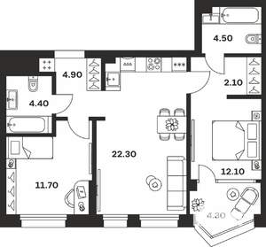 3-к квартира, строящийся дом, 66м2, 4/24 этаж