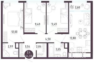 3-к квартира, вторичка, 64м2, 9/10 этаж