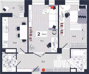 2-к квартира, строящийся дом, 64м2, 11/14 этаж