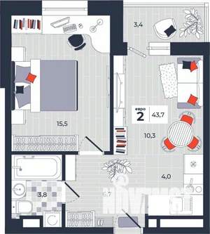 2-к квартира, строящийся дом, 44м2, 8/14 этаж
