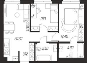 2-к квартира, вторичка, 57м2, 1/25 этаж