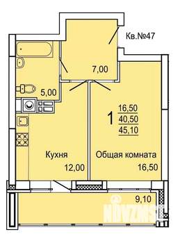 1-к квартира, строящийся дом, 45м2, 8/9 этаж