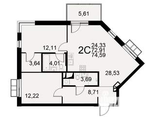 2-к квартира, вторичка, 73м2, 2/11 этаж