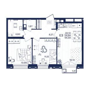 2-к квартира, строящийся дом, 55м2, 2/15 этаж