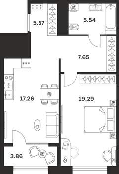 1-к квартира, вторичка, 59м2, 2/10 этаж
