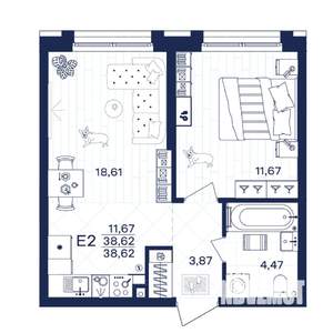 1-к квартира, строящийся дом, 39м2, 2/15 этаж
