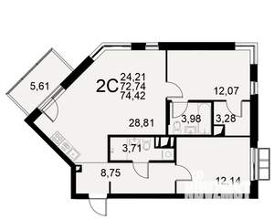 2-к квартира, строящийся дом, 73м2, 2/11 этаж