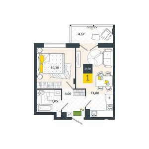 1-к квартира, вторичка, 38м2, 1/8 этаж