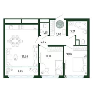 2-к квартира, строящийся дом, 60м2, 4/25 этаж