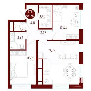2-к квартира, вторичка, 55м2, 10/10 этаж