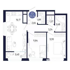 2-к квартира, строящийся дом, 52м2, 16/25 этаж