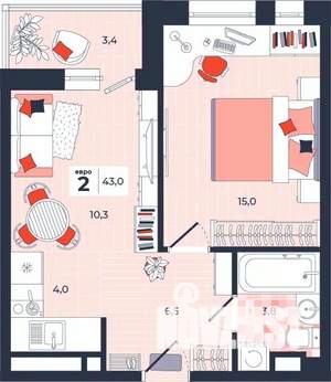 2-к квартира, строящийся дом, 43м2, 10/14 этаж