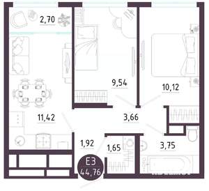 2-к квартира, вторичка, 45м2, 4/10 этаж